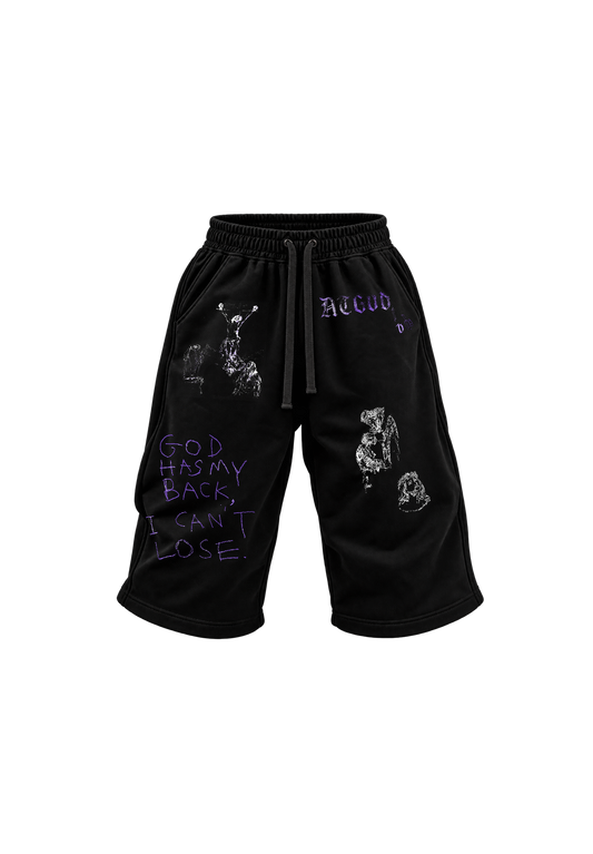 God Has My Back Long Sweat Shorts — Black / Purple